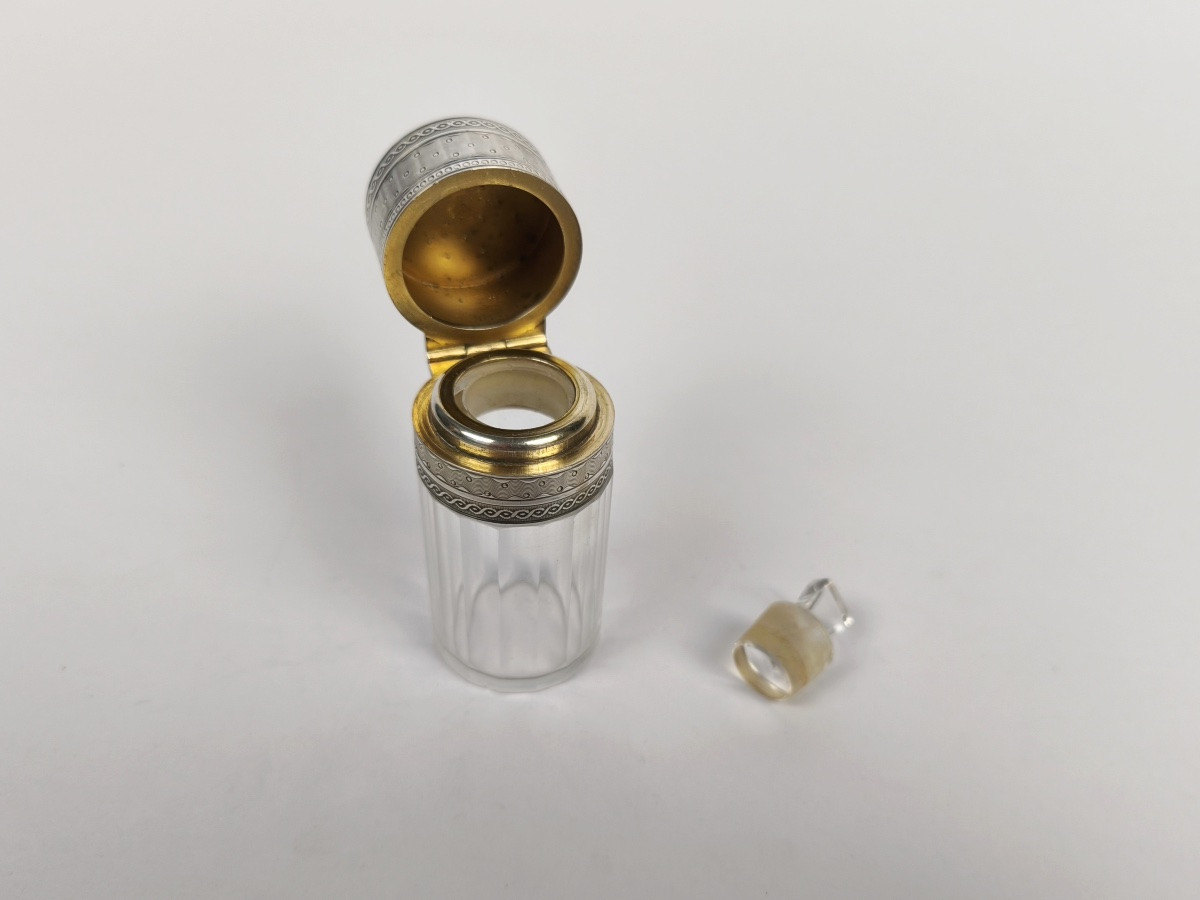 Large Salt Or Perfume Bottle In Crystal, Sterling Silver & Green Stone (emerald?) France, 19th Century-photo-3