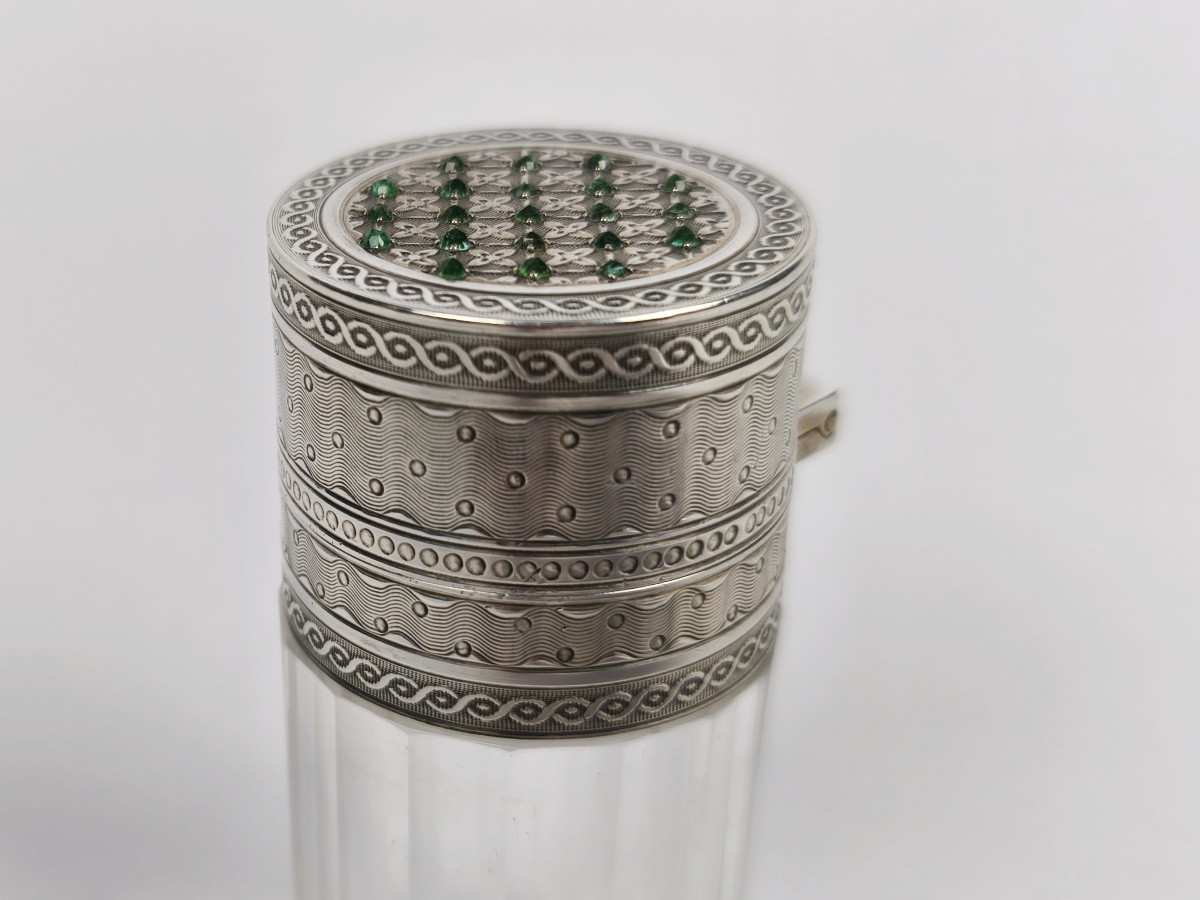 Large Salt Or Perfume Bottle In Crystal, Sterling Silver & Green Stone (emerald?) France, 19th Century-photo-7
