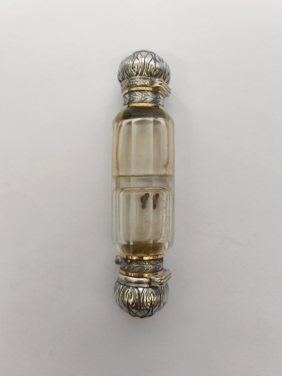 Double Salt And Perfume Bottle In Gold, Sterling Silver, Glass And Sterling Silver Vermeil. France 19th Century-photo-3