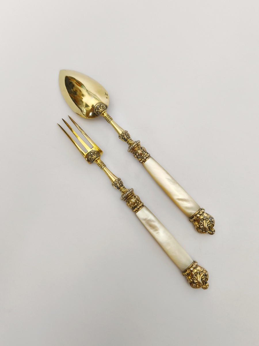 19th Century Solid Silver, Vermeil And Mother-of-pearl Cutlery. Charles X, Vieillard Hallmark. -photo-2