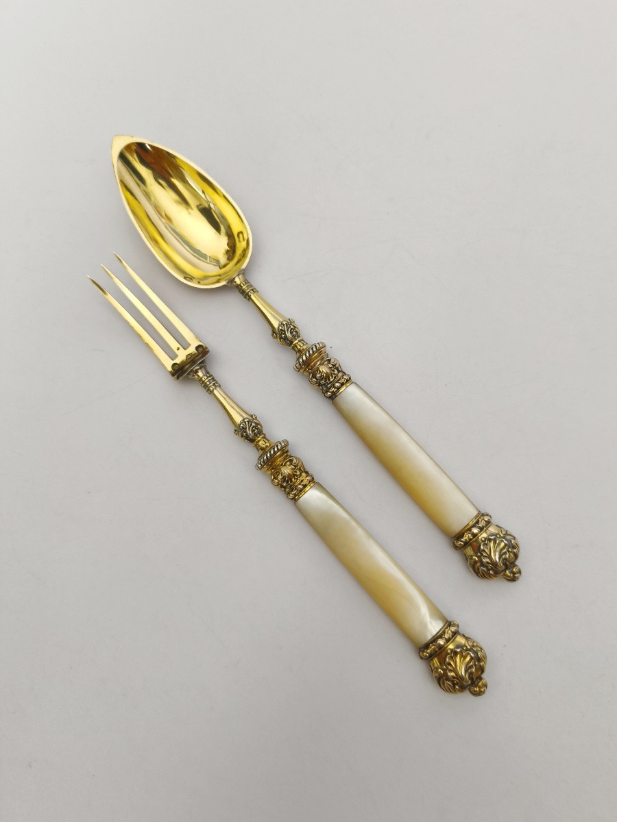 19th Century Solid Silver, Vermeil And Mother-of-pearl Cutlery. Charles X, Vieillard Hallmark. -photo-3