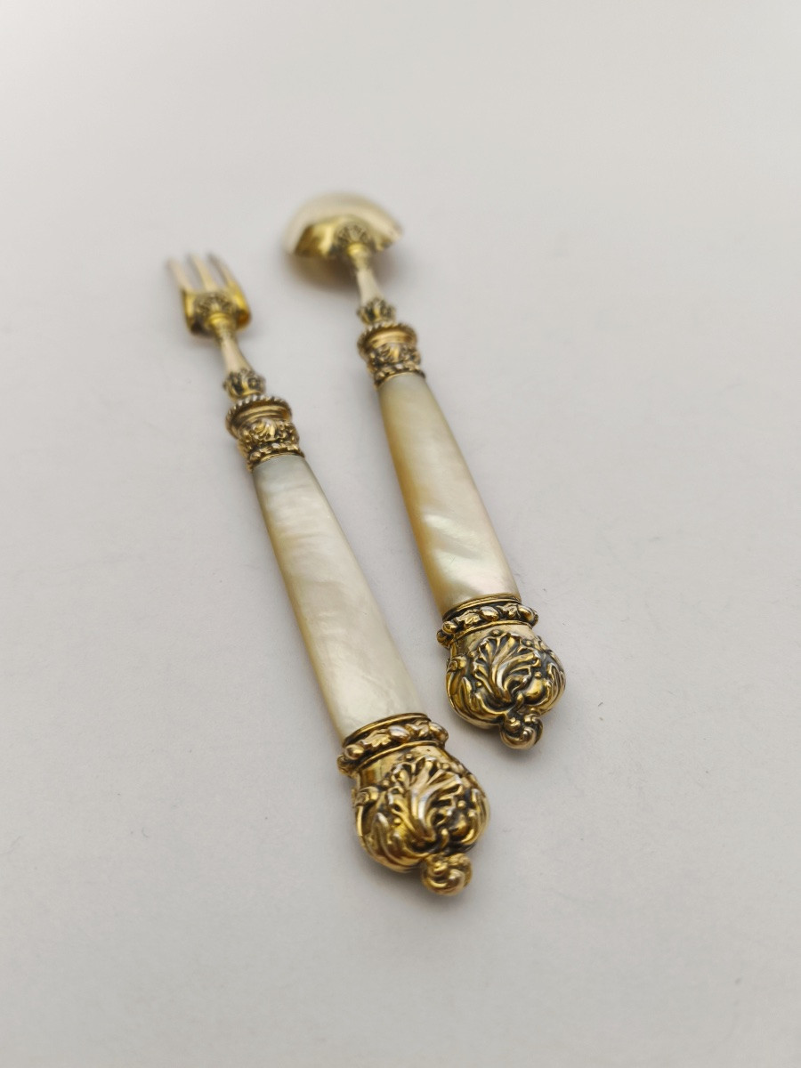 19th Century Solid Silver, Vermeil And Mother-of-pearl Cutlery. Charles X, Vieillard Hallmark. -photo-2