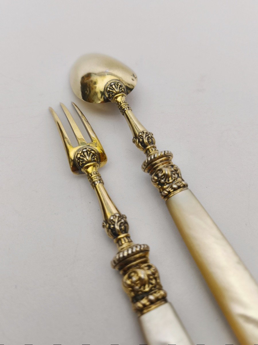19th Century Solid Silver, Vermeil And Mother-of-pearl Cutlery. Charles X, Vieillard Hallmark. -photo-3
