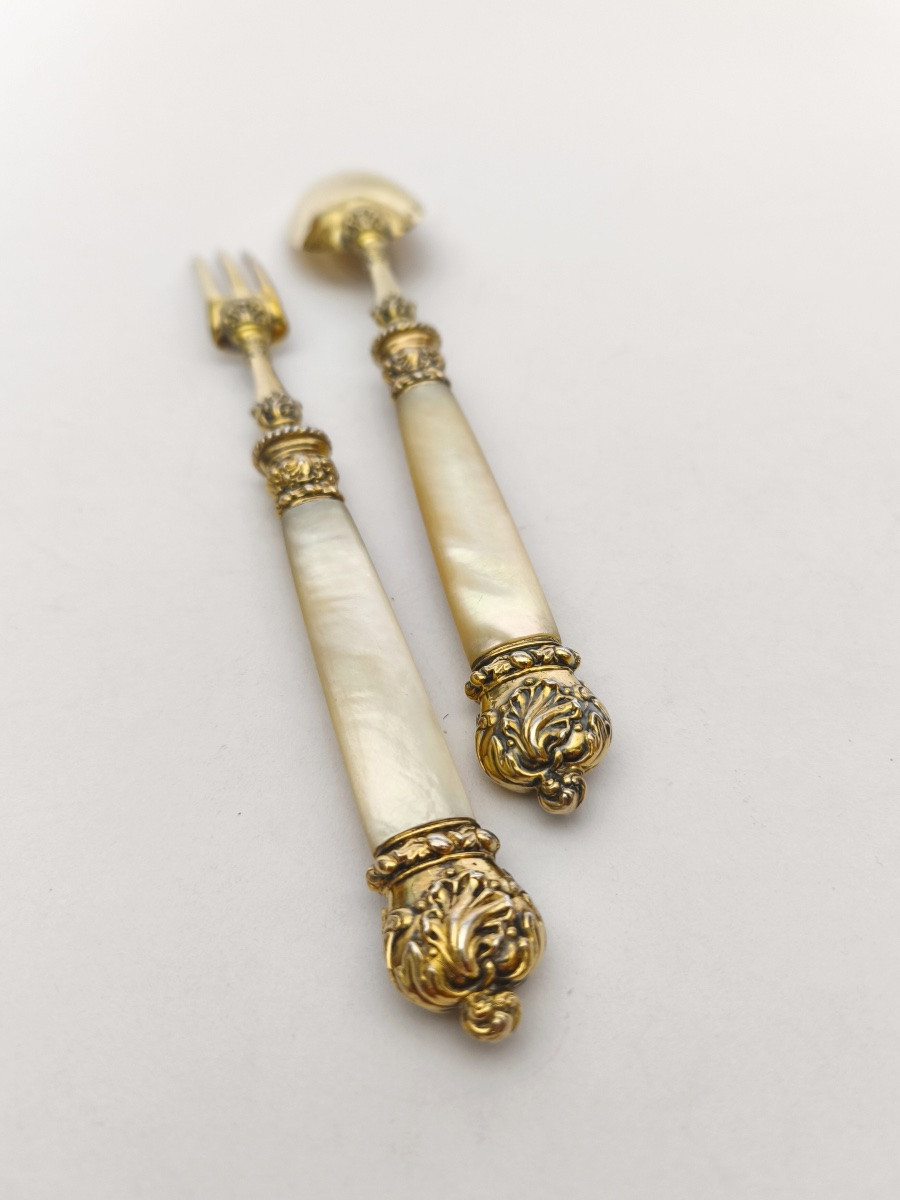 19th Century Solid Silver, Vermeil And Mother-of-pearl Cutlery. Charles X, Vieillard Hallmark. -photo-4