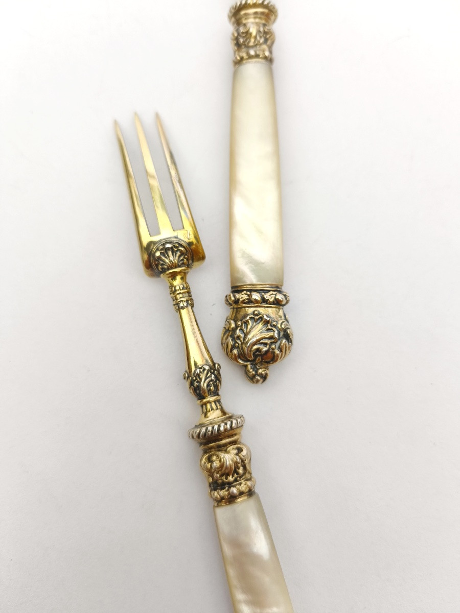 19th Century Solid Silver, Vermeil And Mother-of-pearl Cutlery. Charles X, Vieillard Hallmark. -photo-5