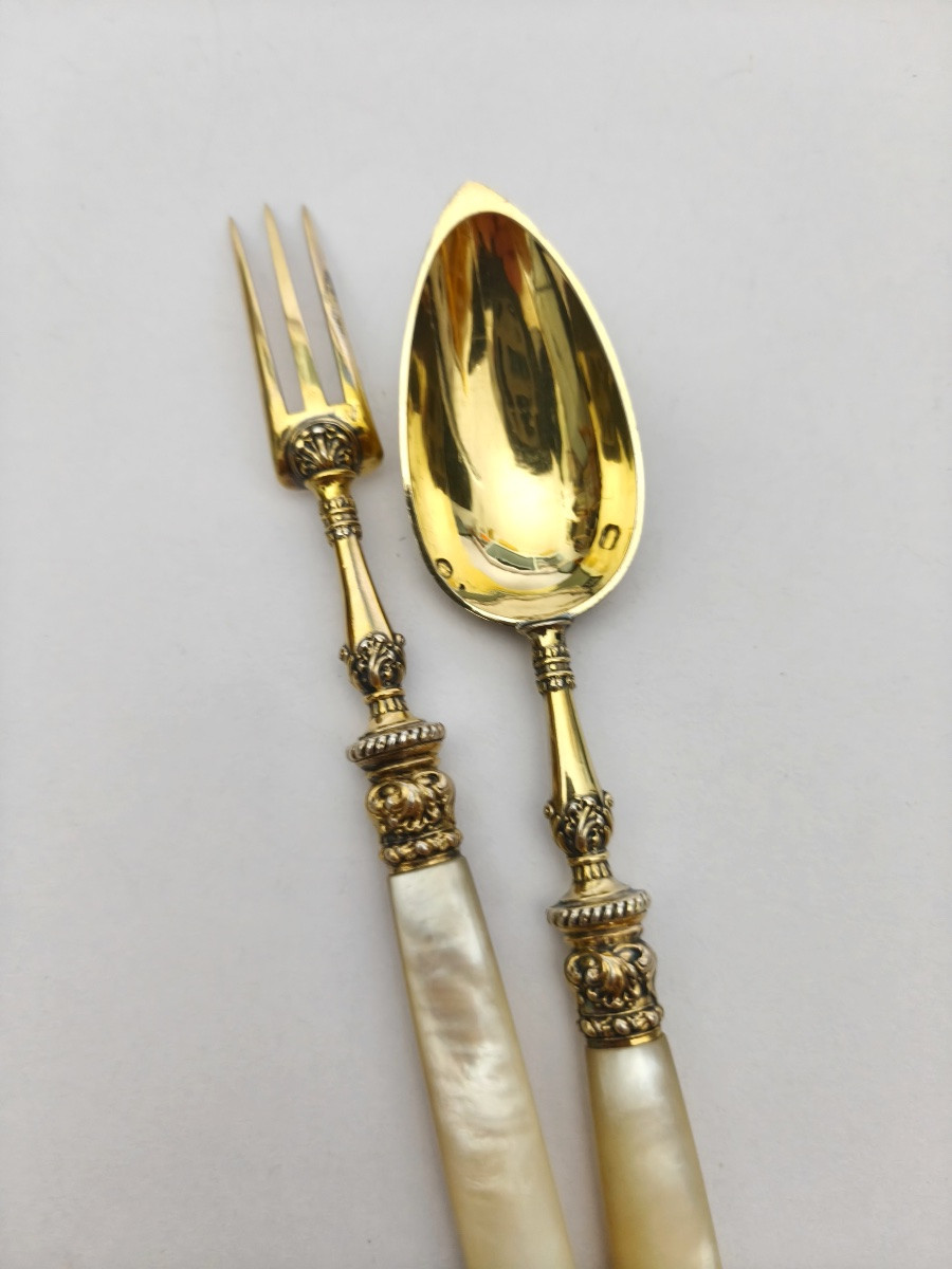 19th Century Solid Silver, Vermeil And Mother-of-pearl Cutlery. Charles X, Vieillard Hallmark. -photo-6
