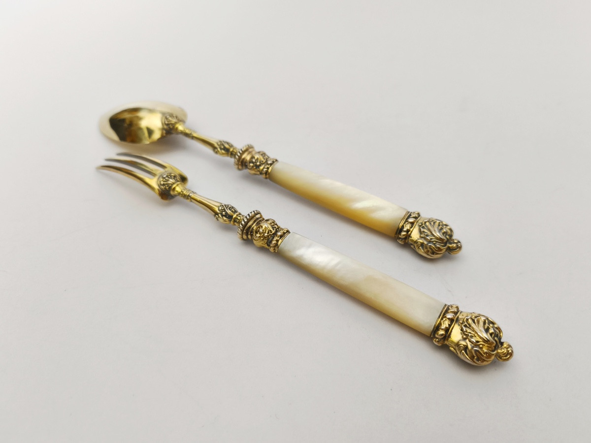 19th Century Solid Silver, Vermeil And Mother-of-pearl Cutlery. Charles X, Vieillard Hallmark. 