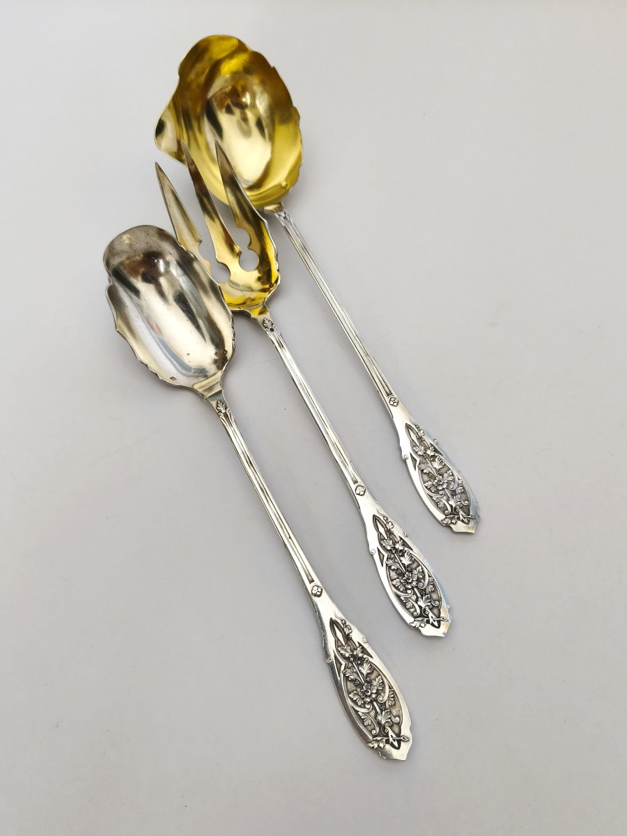 Reczka / Puiforcat : couvert à salade et louche argent massif & vermeil. Art Nouveau. Moderne. -photo-2