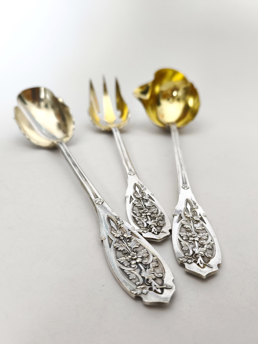 Reczka / Puiforcat : couvert à salade et louche argent massif & vermeil. Art Nouveau. Moderne. -photo-3