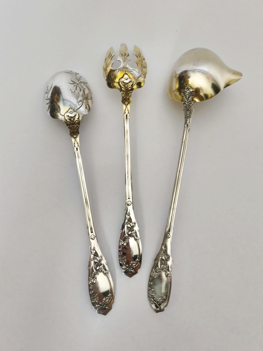 Reczka / Puiforcat : couvert à salade et louche argent massif & vermeil. Art Nouveau. Moderne. -photo-2
