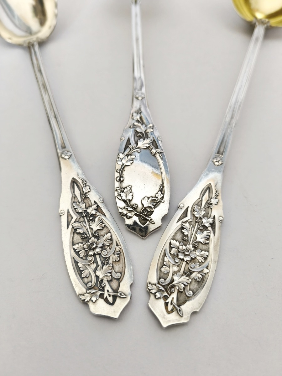 Reczka / Puiforcat : couvert à salade et louche argent massif & vermeil. Art Nouveau. Moderne. -photo-6