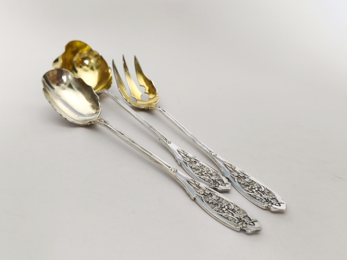 Reczka / Puiforcat : couvert à salade et louche argent massif & vermeil. Art Nouveau. Moderne. -photo-8