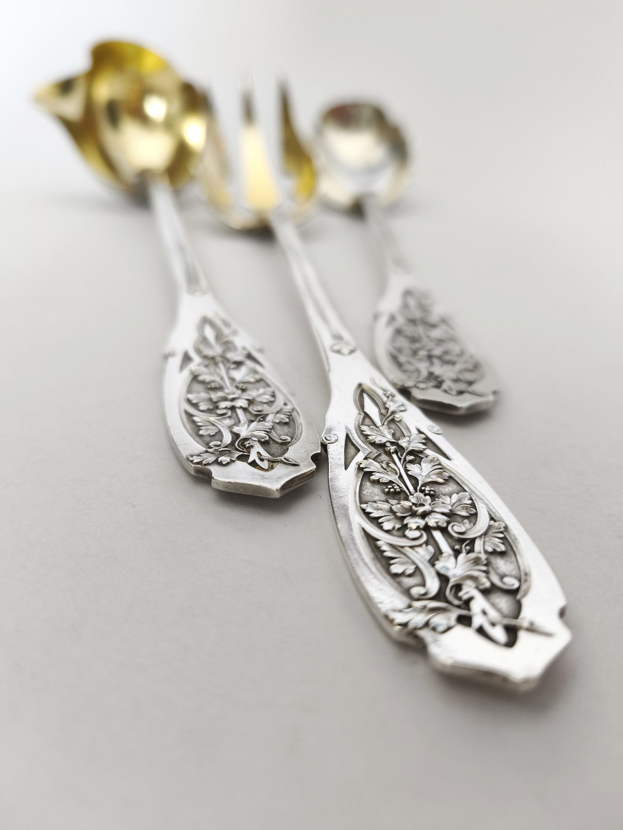 Reczka / Puiforcat : couvert à salade et louche argent massif & vermeil. Art Nouveau. Moderne. 