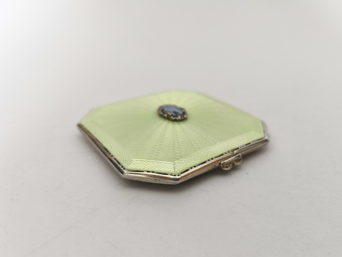 Clifford Davis: Art Deco Powder Compact / Handbag Mirror. Solid Silver, Guilloché And Enamel. 20th Century-photo-2