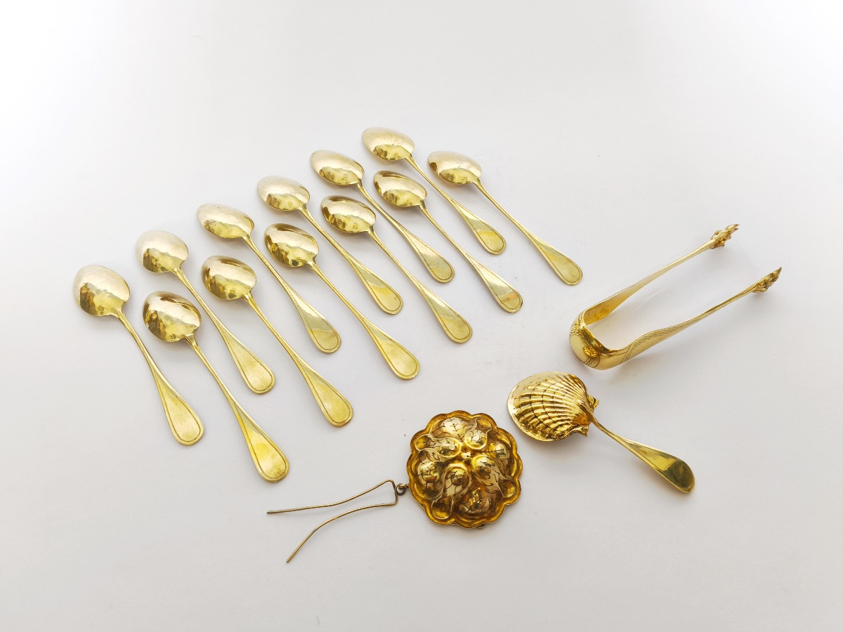 Queill&eacute; : Coffret n&eacute;cessaire &agrave; th&eacute; en argent massif vermeil en &eacute;crin, fin XIXe si&egrave;cle. Cuill&egrave;re-photo-4