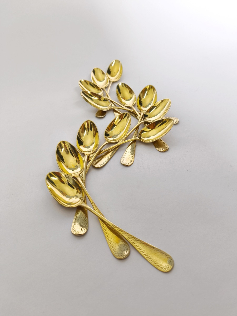 Queill&eacute; : Coffret n&eacute;cessaire &agrave; th&eacute; en argent massif vermeil en &eacute;crin, fin XIXe si&egrave;cle. Cuill&egrave;re-photo-3