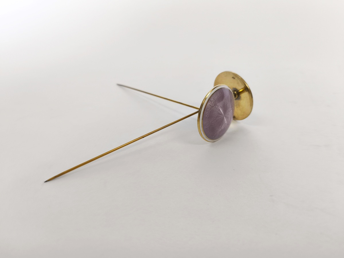 Gaston Bardi&egrave;s : Paire &eacute;pingles &agrave; chapeau en argent massif / vermeil guilloch&eacute; &amp; &eacute;maill&eacute;. C1900-photo-3