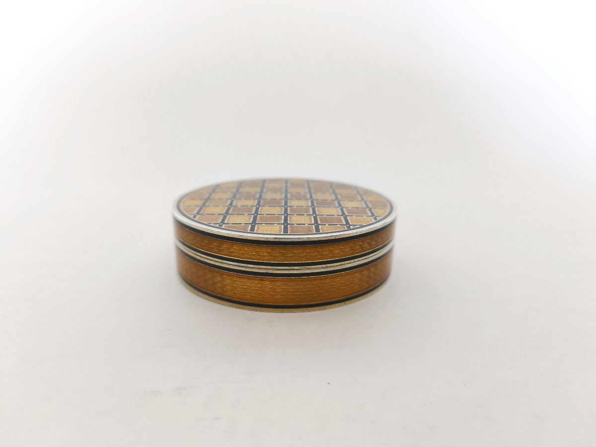 Puiforcat (?): Snuff Box In Solid Silver, Guilloché Vermeil & Enamel. Enamel. Art Deco-photo-3