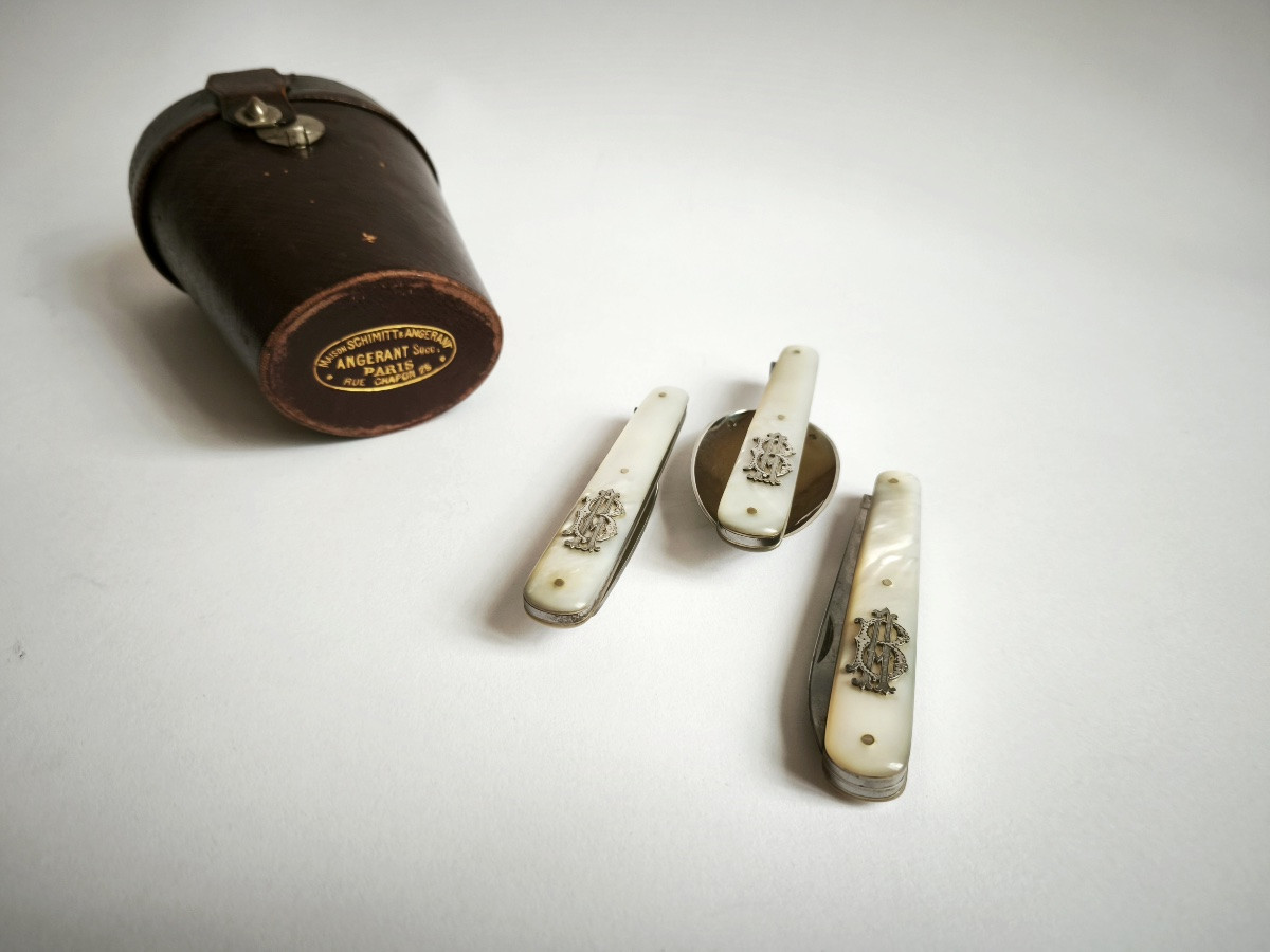 Canaux (?): Solid Silver Folding Travel Cutlery And Its Two-bladed Knife/penknife. -photo-2