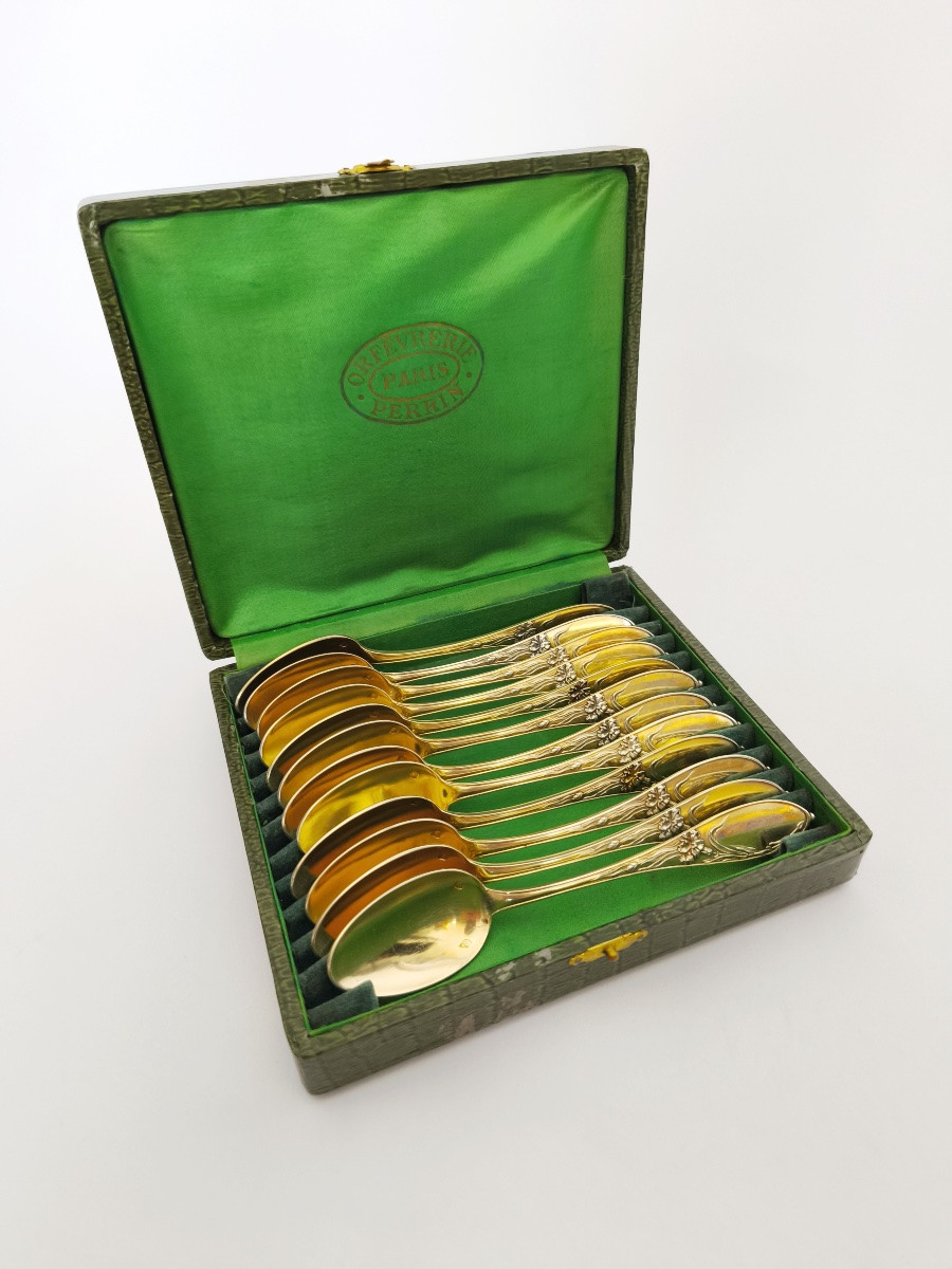 Tallois : 12 cuill&egrave;res &agrave; dessert en argent massif vermeil art Nouveau, fleurs / oeillet. c1900-photo-2