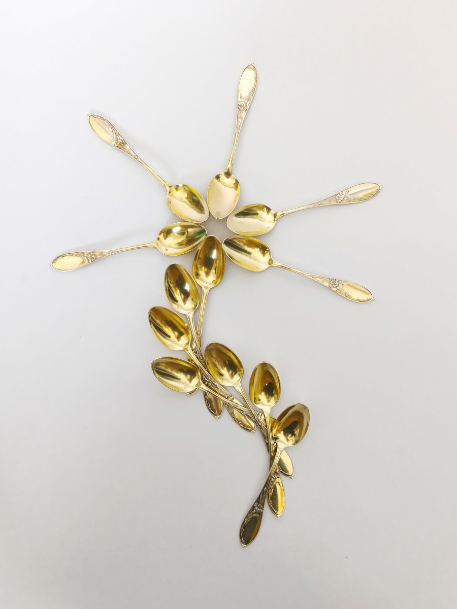 Tallois : 12 cuill&egrave;res &agrave; dessert en argent massif vermeil art Nouveau, fleurs / oeillet. c1900-photo-3
