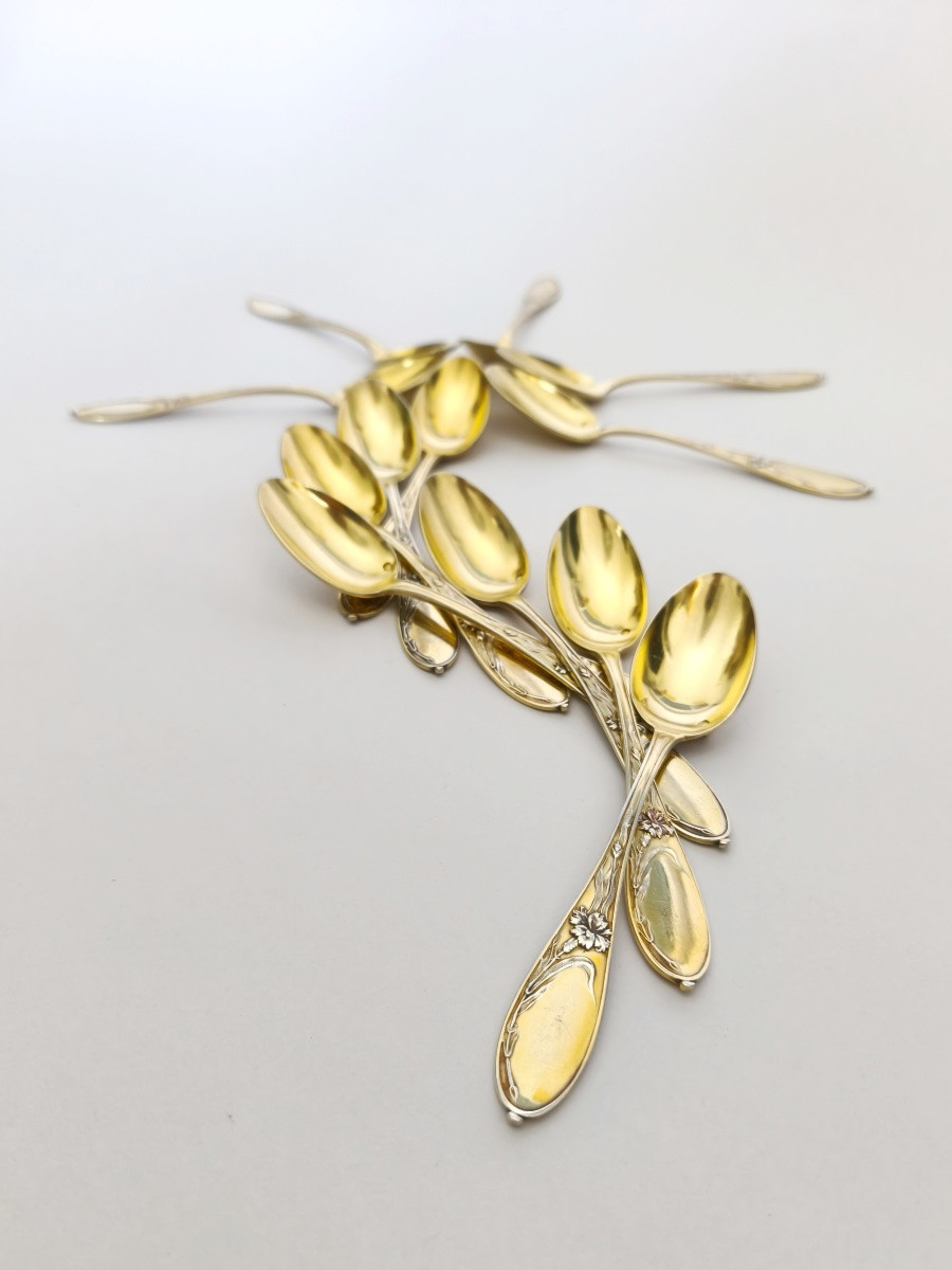 Tallois : 12 cuill&egrave;res &agrave; dessert en argent massif vermeil art Nouveau, fleurs / oeillet. c1900-photo-4
