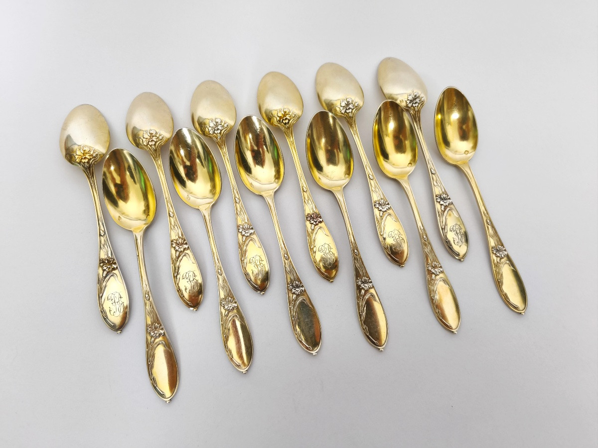 Tallois : 12 cuill&egrave;res &agrave; dessert en argent massif vermeil art Nouveau, fleurs / oeillet. c1900-photo-2