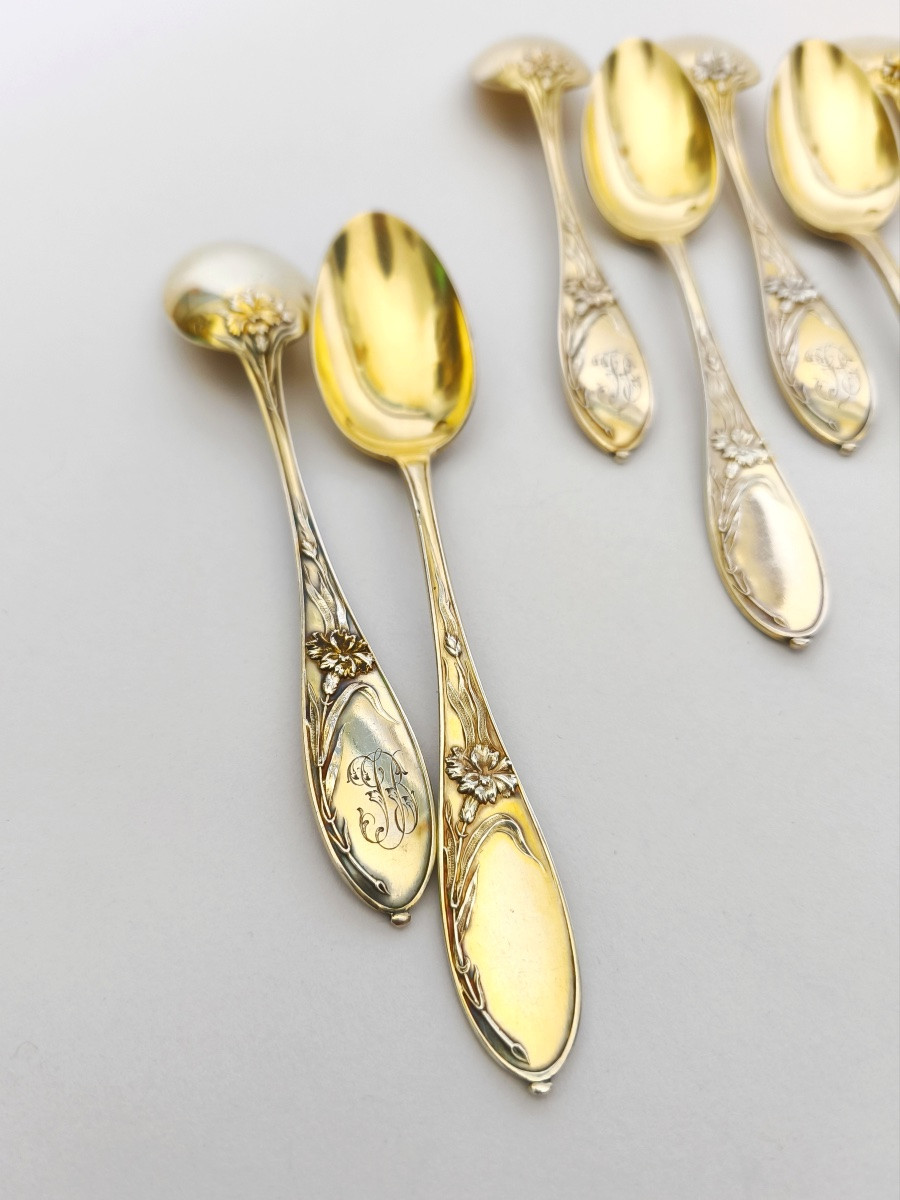 Tallois : 12 cuill&egrave;res &agrave; dessert en argent massif vermeil art Nouveau, fleurs / oeillet. c1900-photo-3