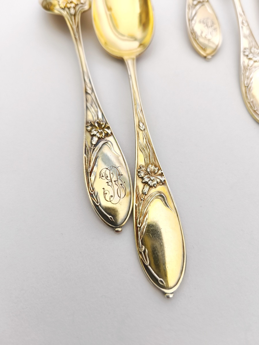 Tallois : 12 cuill&egrave;res &agrave; dessert en argent massif vermeil art Nouveau, fleurs / oeillet. c1900-photo-4