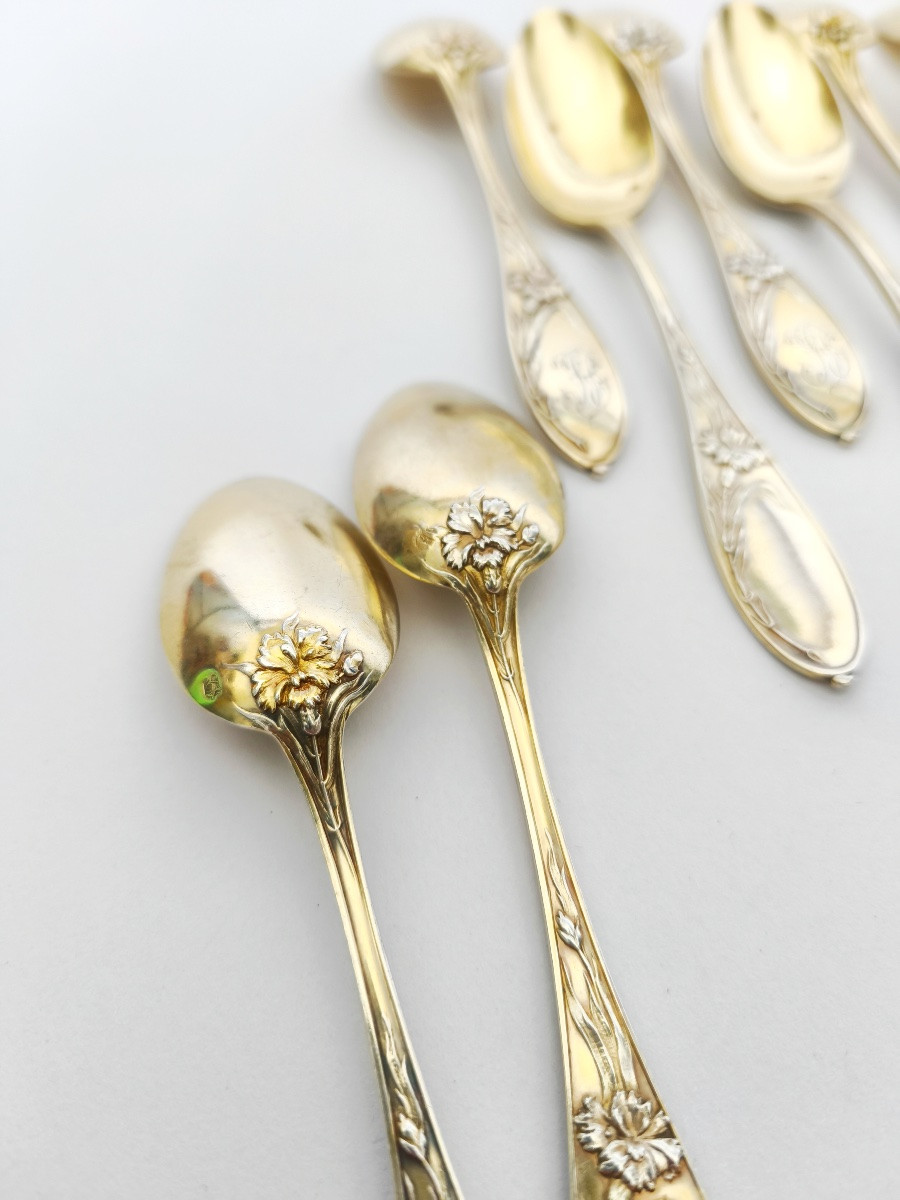 Tallois : 12 cuill&egrave;res &agrave; dessert en argent massif vermeil art Nouveau, fleurs / oeillet. c1900-photo-5