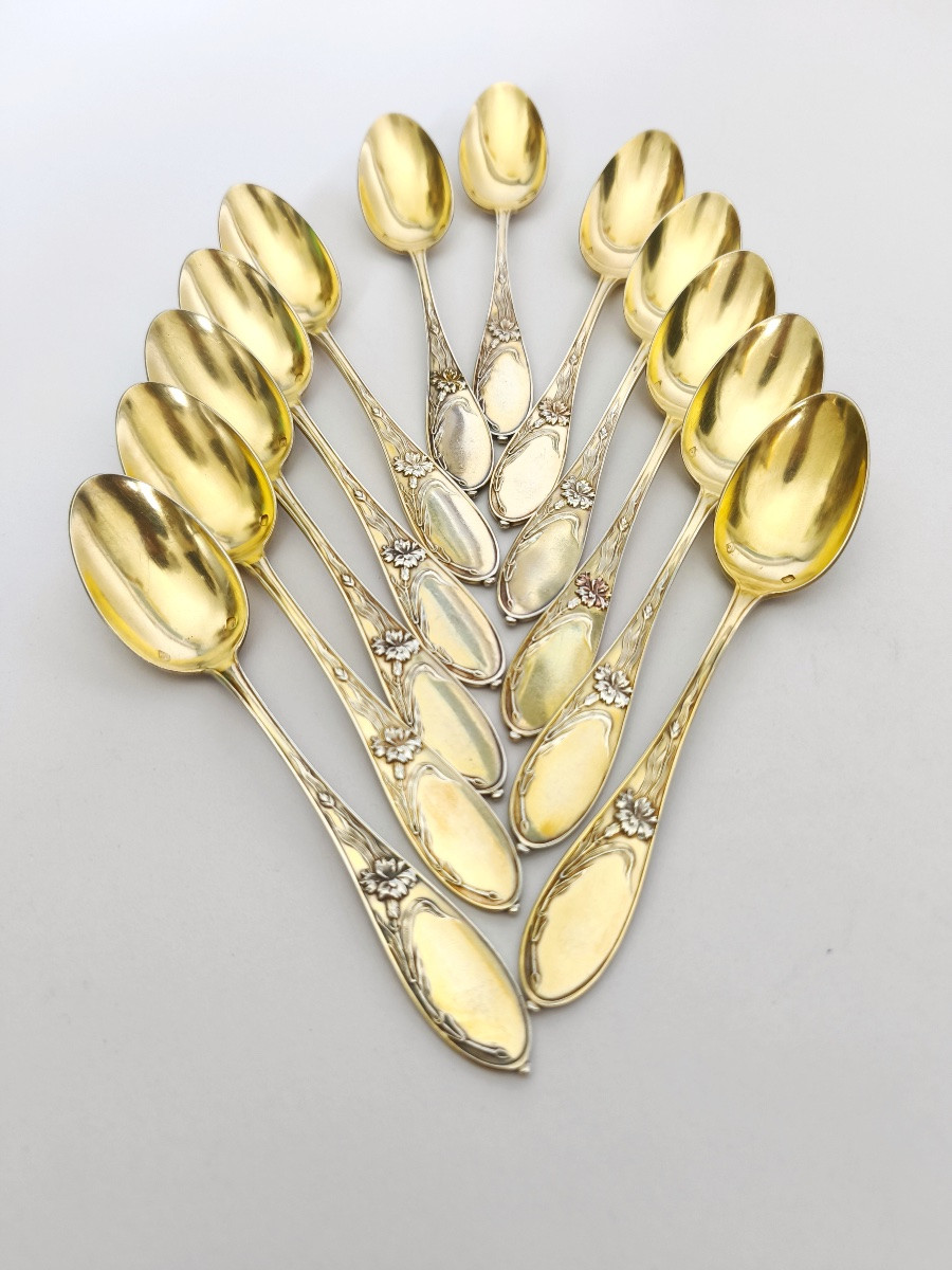 Tallois : 12 cuill&egrave;res &agrave; dessert en argent massif vermeil art Nouveau, fleurs / oeillet. c1900-photo-6