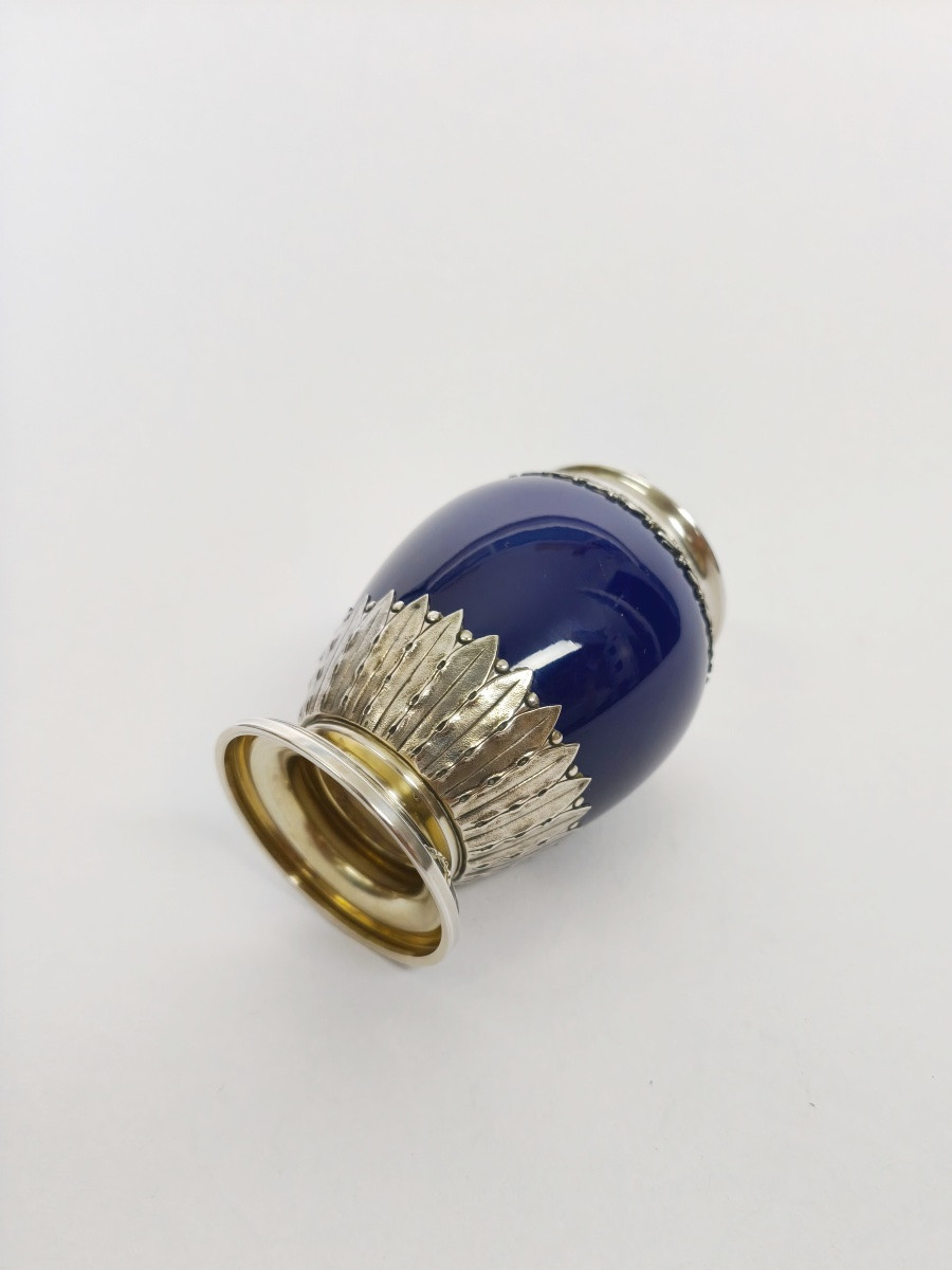 Bardiès : Vase en faïence émaillée bleu & monture en argent de style Louis XVI. Debut du XXe. -photo-4