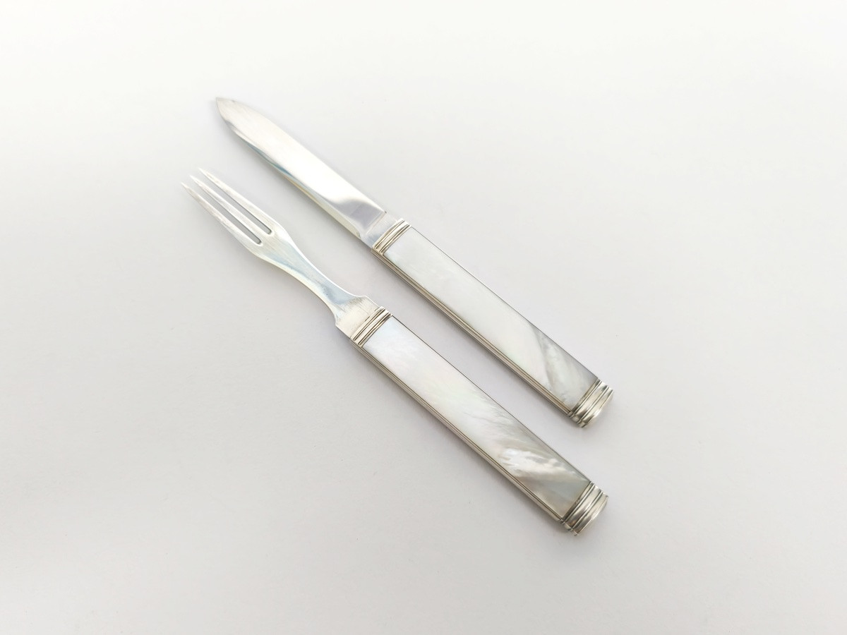 Mauplot: Nesting Travel Cutlery In Solid Silver And Mother-of-pearl. Chic Picnic!-photo-4
