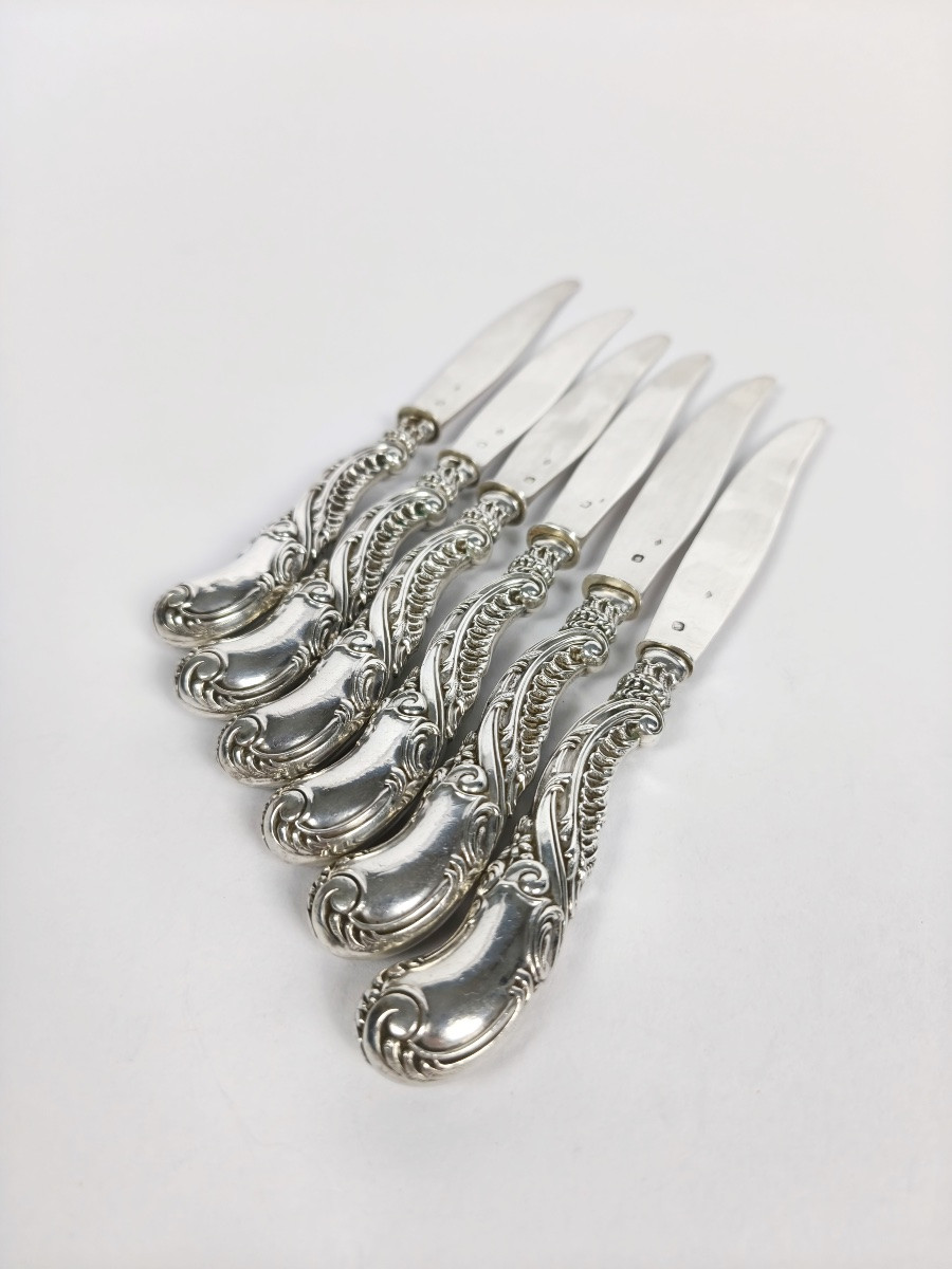 Soufflot: Six Solid Silver Rocaille Dessert/fruit Knives. Louis XV/art Nouveau Style-photo-2