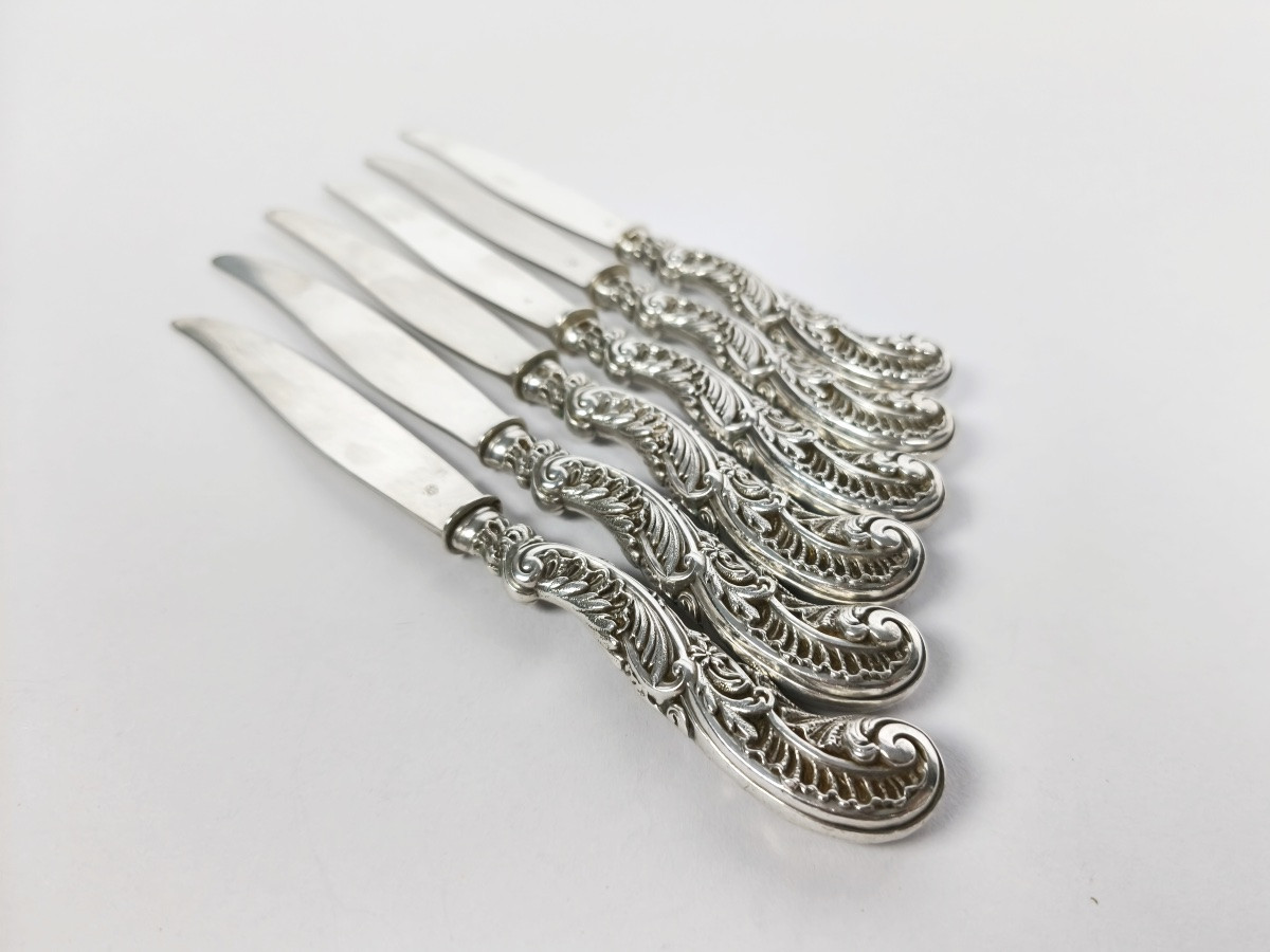 Soufflot: Six Solid Silver Rocaille Dessert/fruit Knives. Louis XV/art Nouveau Style-photo-3