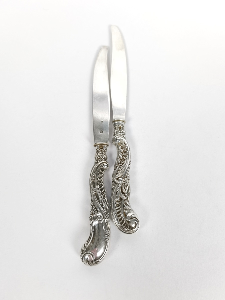 Soufflot: Six Solid Silver Rocaille Dessert/fruit Knives. Louis XV/art Nouveau Style-photo-4