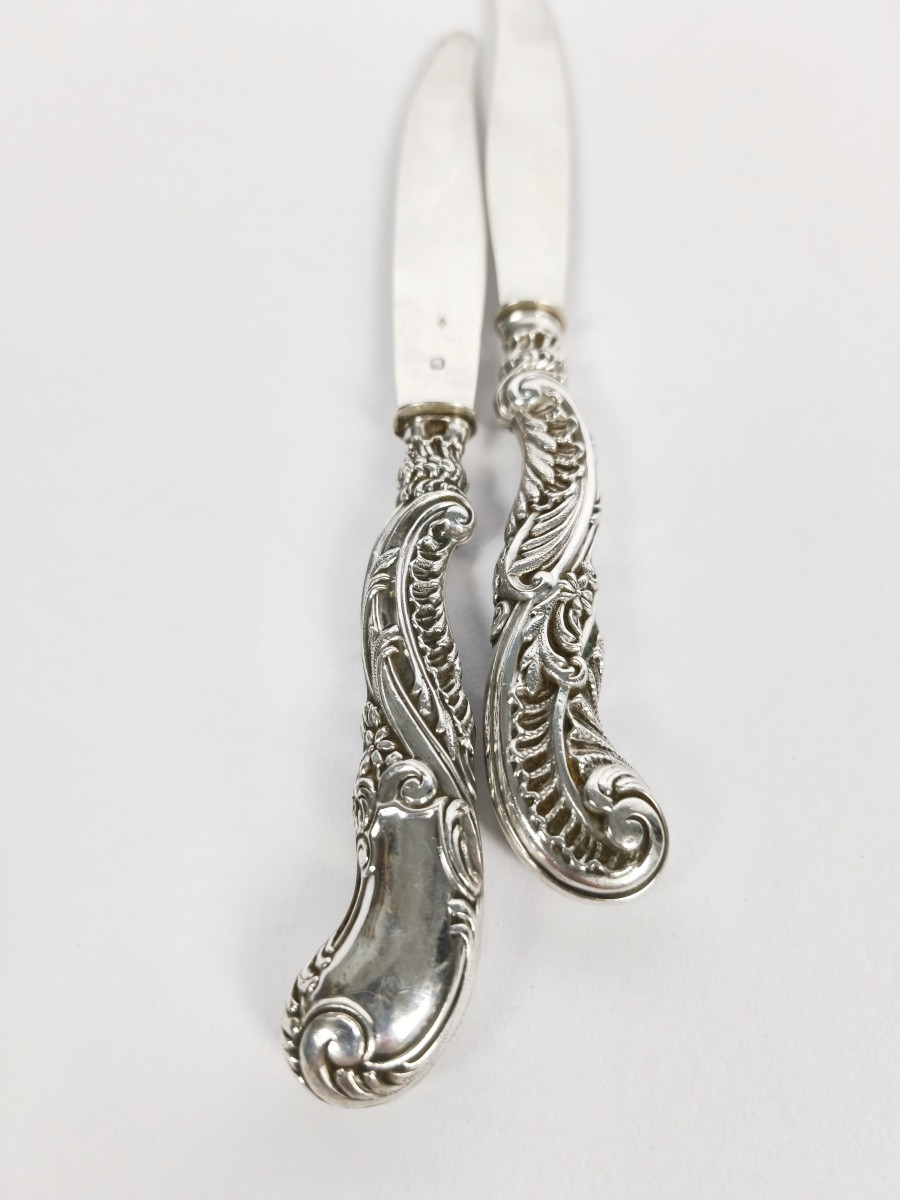 Soufflot: Six Solid Silver Rocaille Dessert/fruit Knives. Louis XV/art Nouveau Style-photo-1