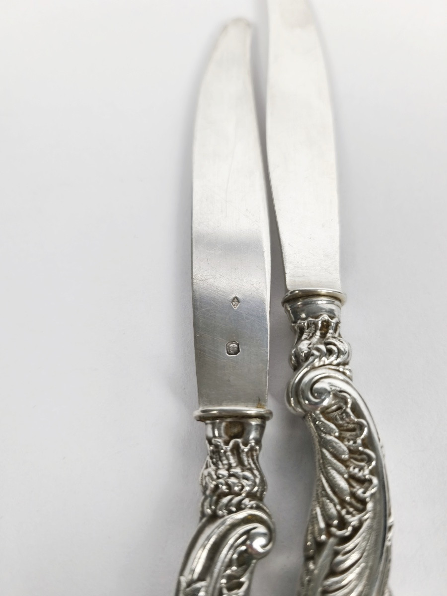 Soufflot: Six Solid Silver Rocaille Dessert/fruit Knives. Louis XV/art Nouveau Style-photo-2