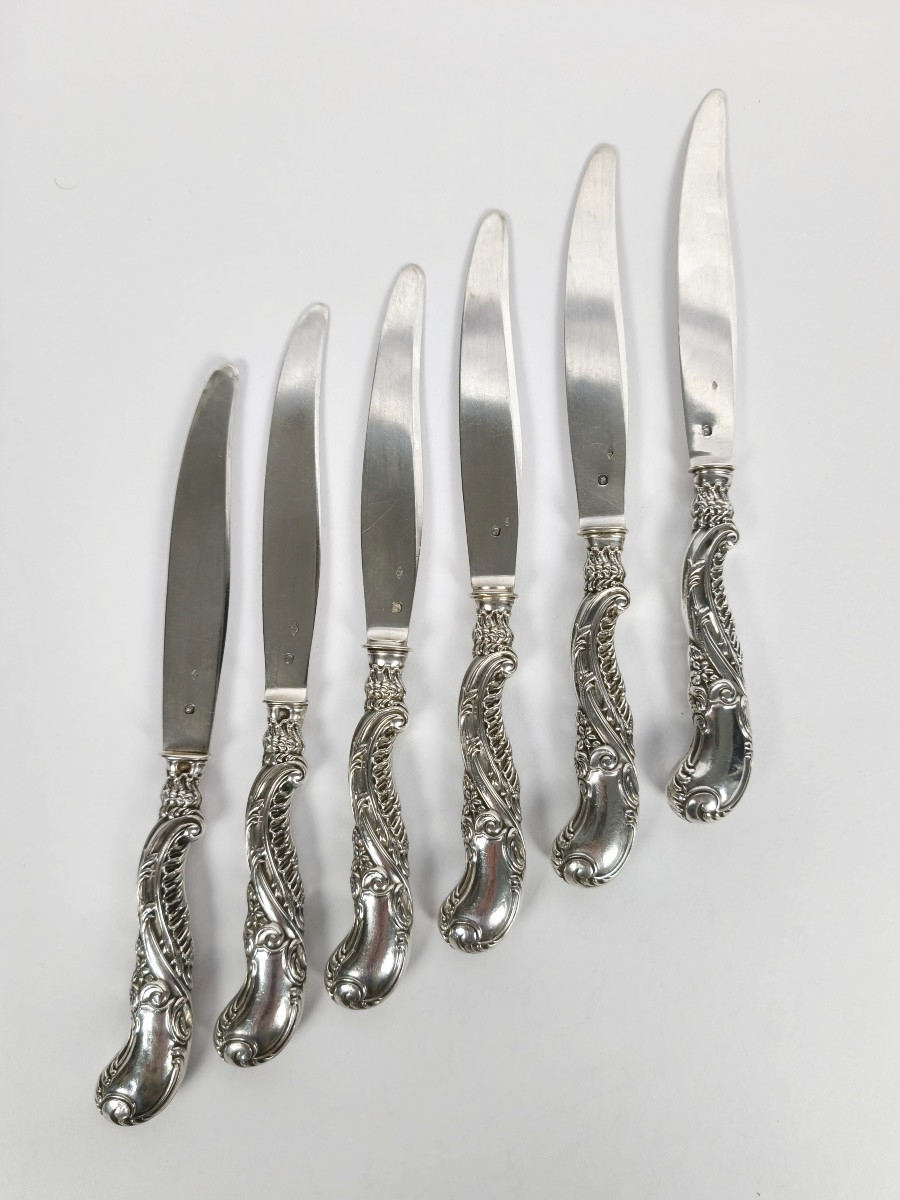 Soufflot: Six Solid Silver Rocaille Dessert/fruit Knives. Louis XV/art Nouveau Style-photo-4