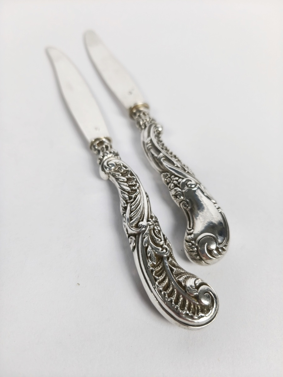 Soufflot: Six Solid Silver Rocaille Dessert/fruit Knives. Louis XV/art Nouveau Style-photo-6