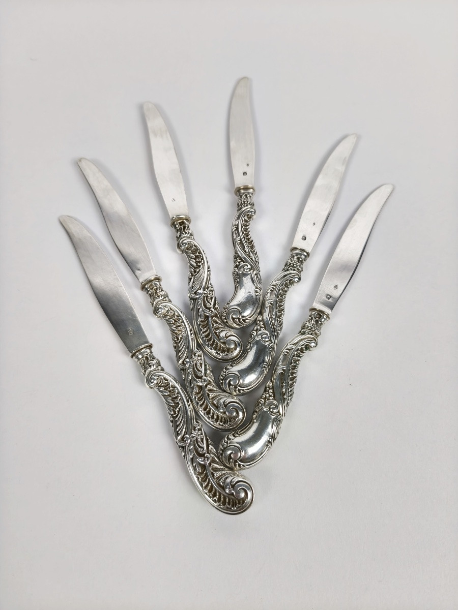 Soufflot: Six Solid Silver Rocaille Dessert/fruit Knives. Louis XV/art Nouveau Style-photo-7