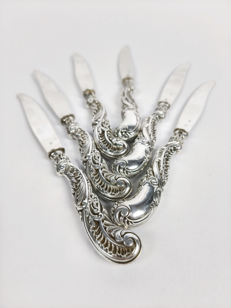Soufflot: Six Solid Silver Rocaille Dessert/fruit Knives. Louis XV/art Nouveau Style