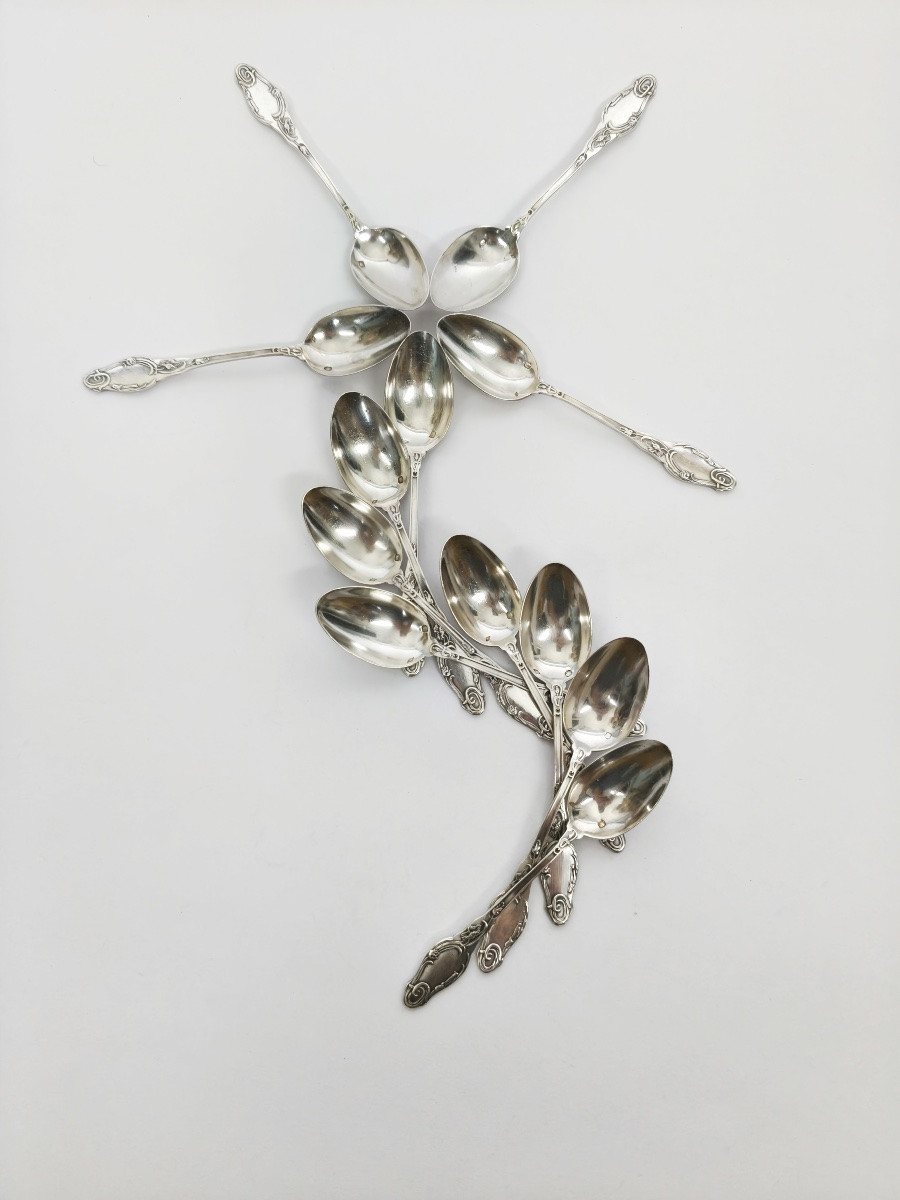 Lapparra : douze cuillères à café en argent massif Art Nouveau à décor de coquelicots. C1900 -photo-2