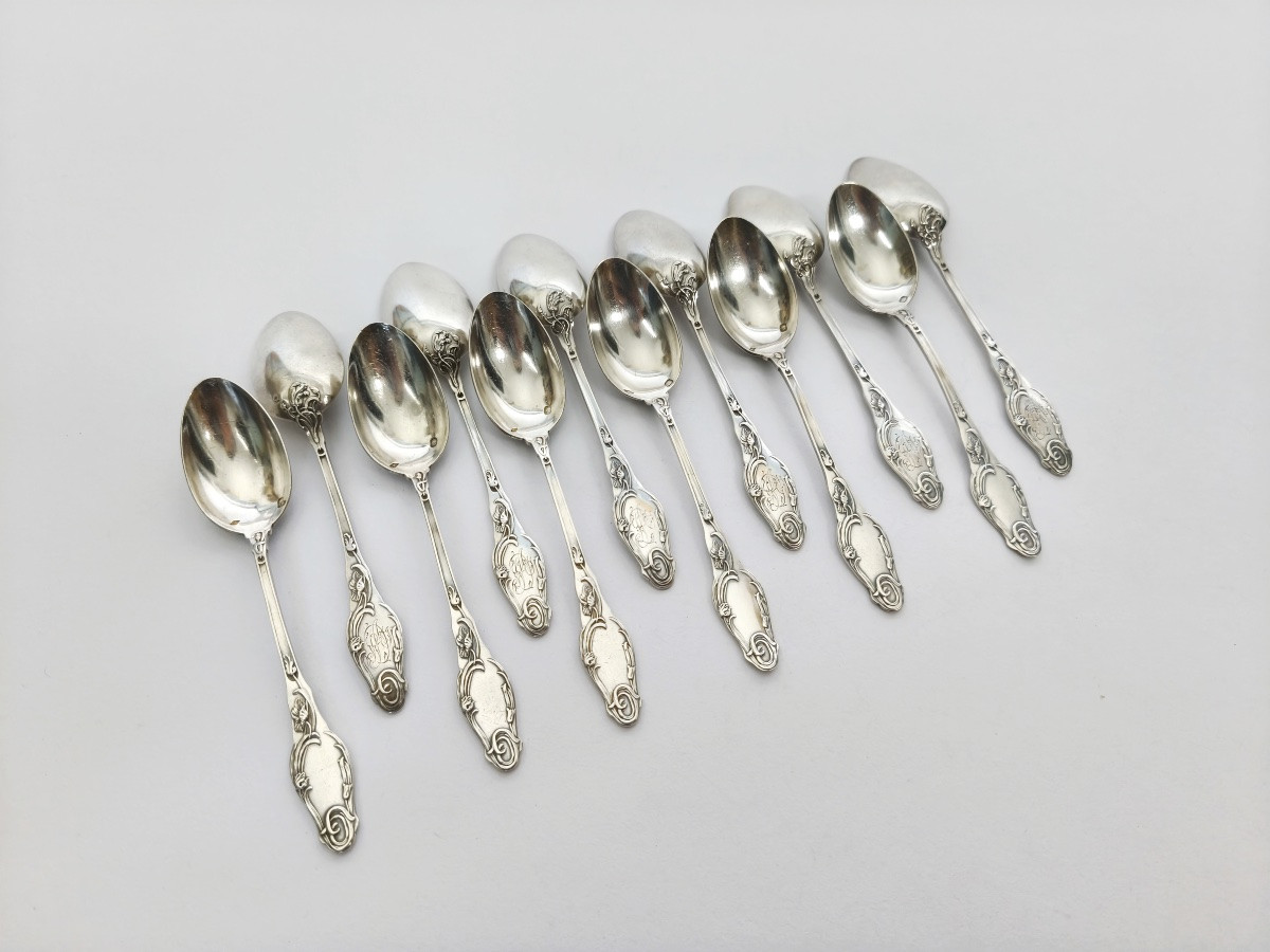 Lapparra : douze cuillères à café en argent massif Art Nouveau à décor de coquelicots. C1900 -photo-3