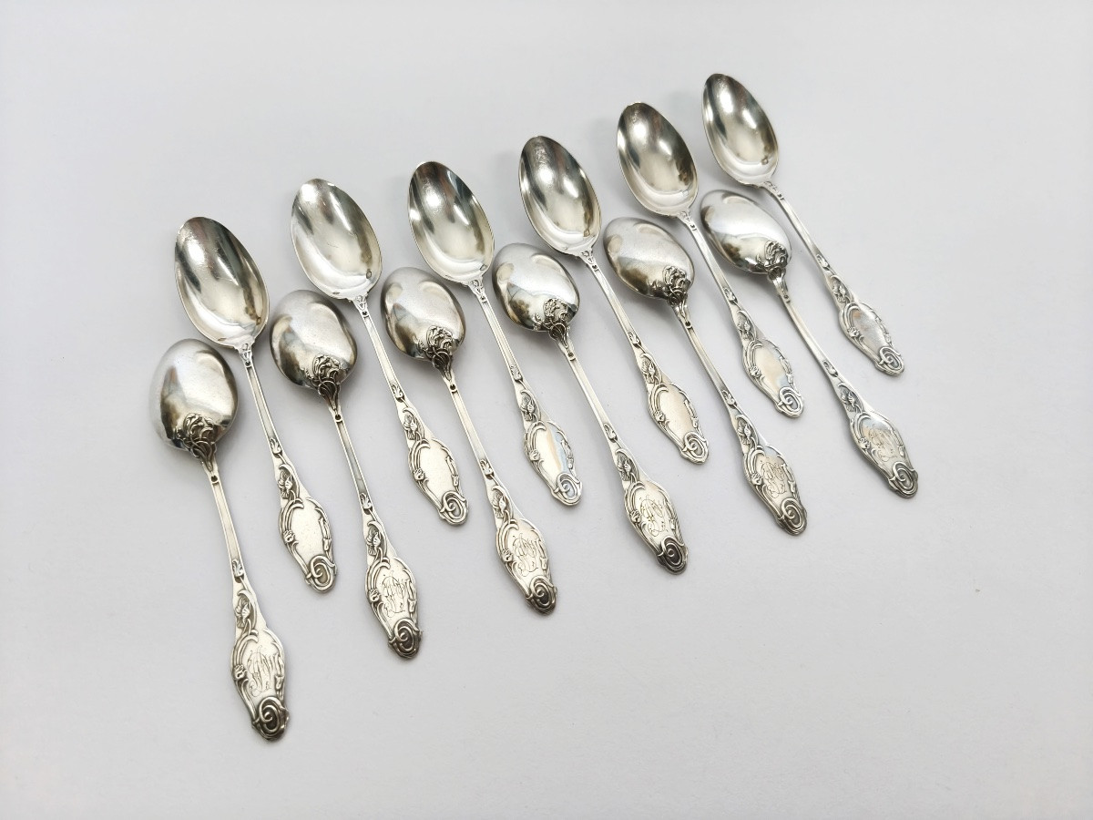 Lapparra : douze cuillères à café en argent massif Art Nouveau à décor de coquelicots. C1900 -photo-4