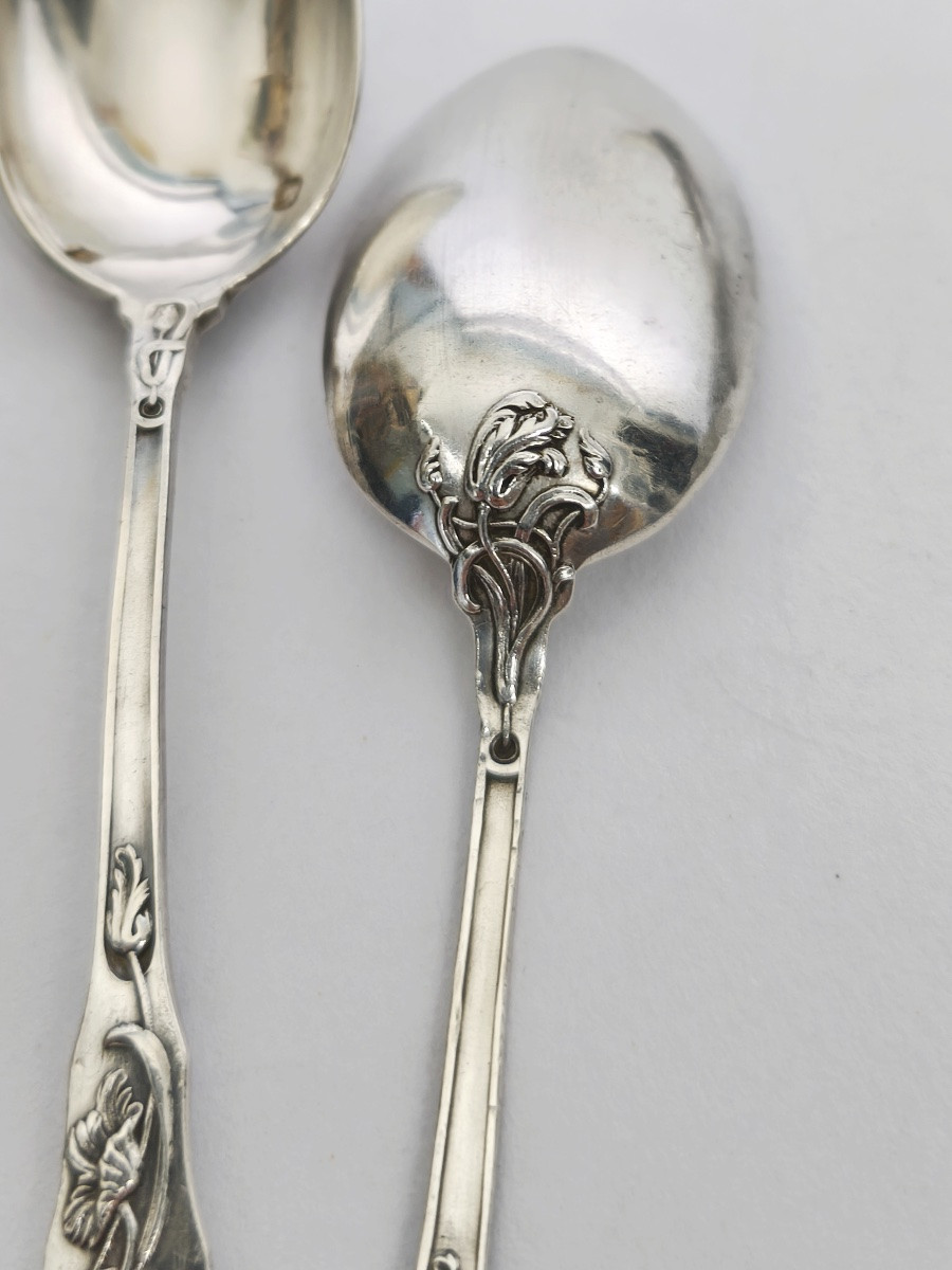 Lapparra : douze cuillères à café en argent massif Art Nouveau à décor de coquelicots. C1900 -photo-2