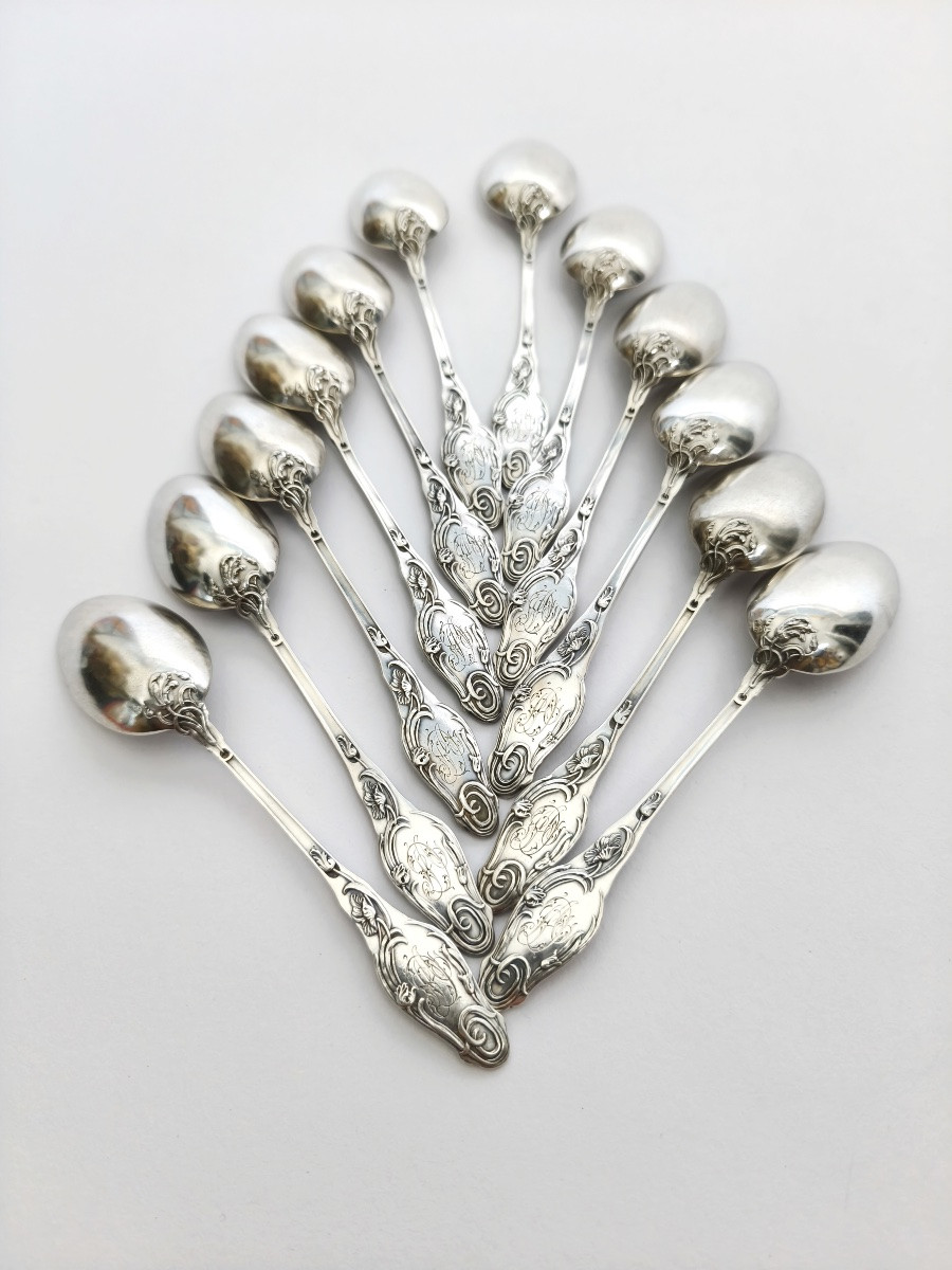 Lapparra : douze cuillères à café en argent massif Art Nouveau à décor de coquelicots. C1900 -photo-3