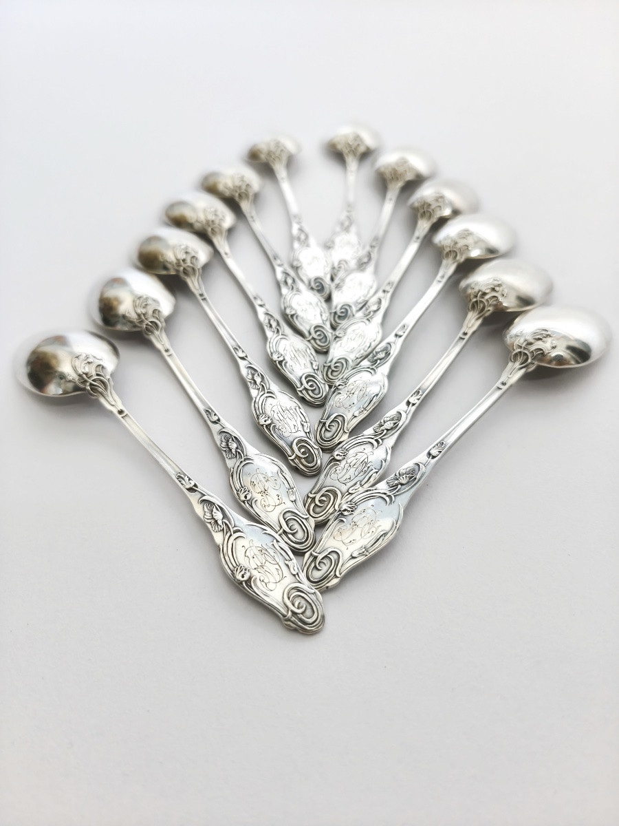 Lapparra : douze cuillères à café en argent massif Art Nouveau à décor de coquelicots. C1900 -photo-4