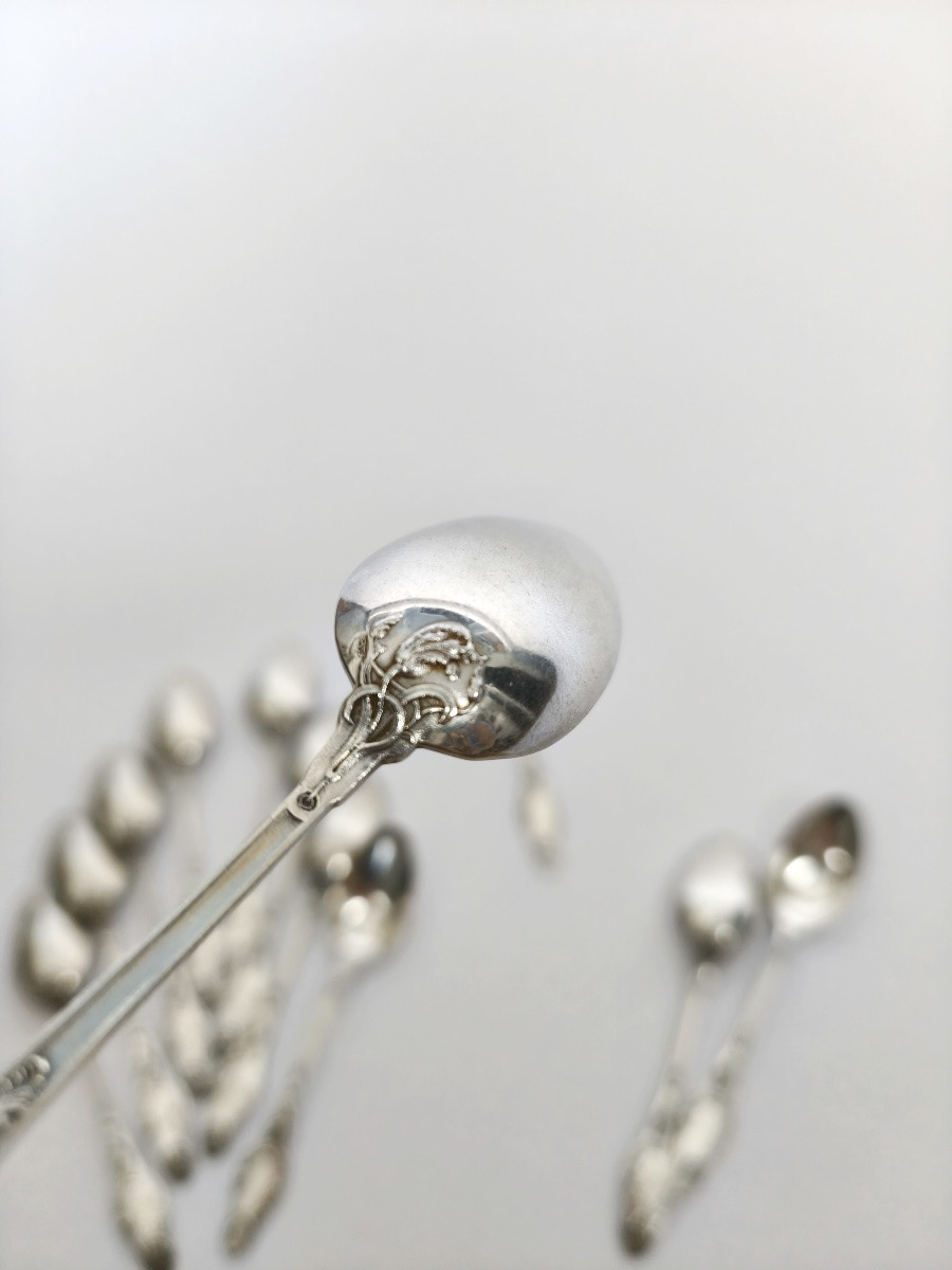 Lapparra : douze cuillères à café en argent massif Art Nouveau à décor de coquelicots. C1900 -photo-5