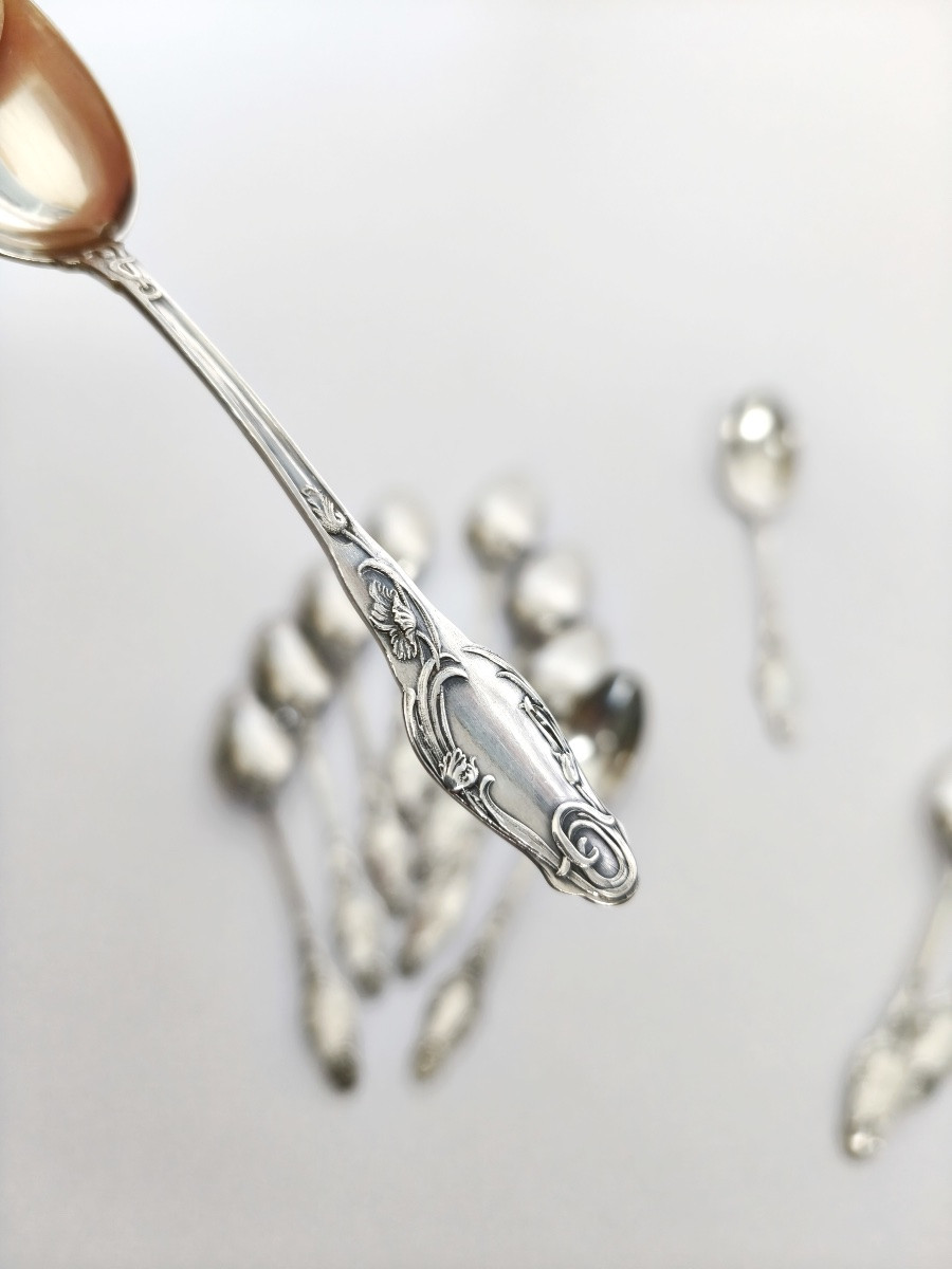 Lapparra : douze cuillères à café en argent massif Art Nouveau à décor de coquelicots. C1900 -photo-6